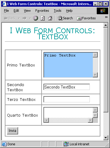 Immagine con 4 TextBox posti in colonna in una tabella. Un TextBox linea multipla con la scritta Primo TextBox e sfondo celeste; un TextBox linea singola con la scritta Secondo TextBox; un TextBox linea singola di tipo password; un TextBox linea multipla e barre di scorrimento 4 controlli TextBox