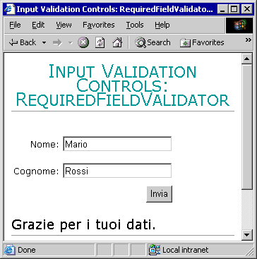 Form in cui sono stati inseriti nome e cognome. La pagina riporta la scritta Grazie per i tuoi dati