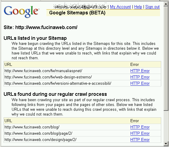 La schermata con il dettaglio delle statistiche di Google Sitemaps Statistiche di Google Sitemaps